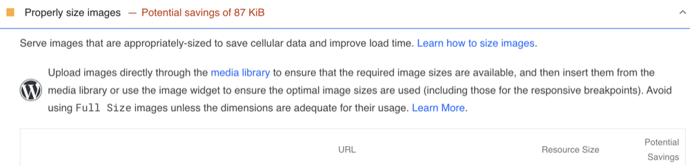 screenshot of Properly size images from pagespeed insights
