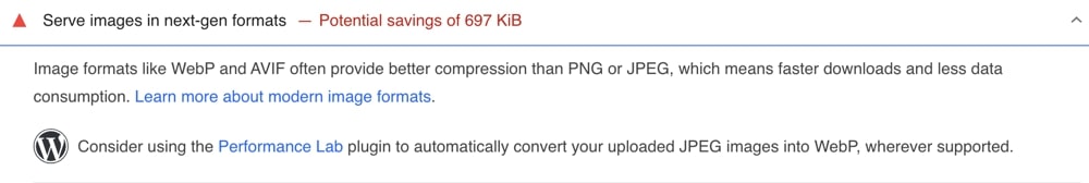 screenshot of Serve images in next-gen formats pagespeed insights