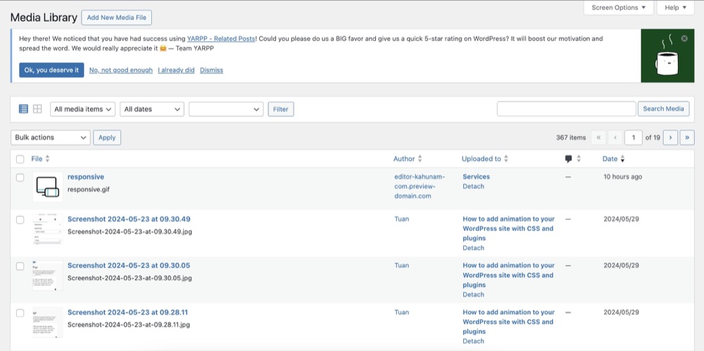 the dropdown dashboard of media library