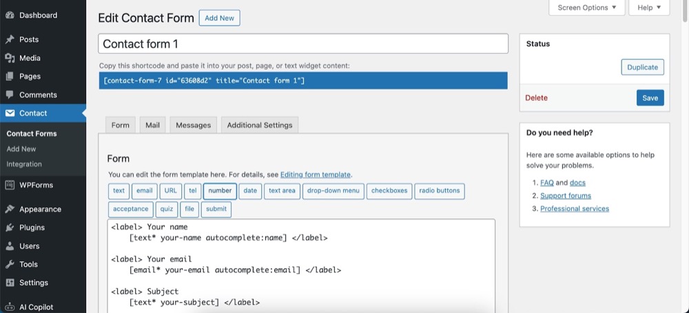 the dashboard of contact form 7