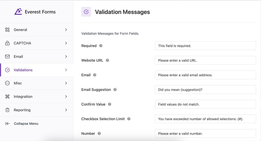 everest form validation messages