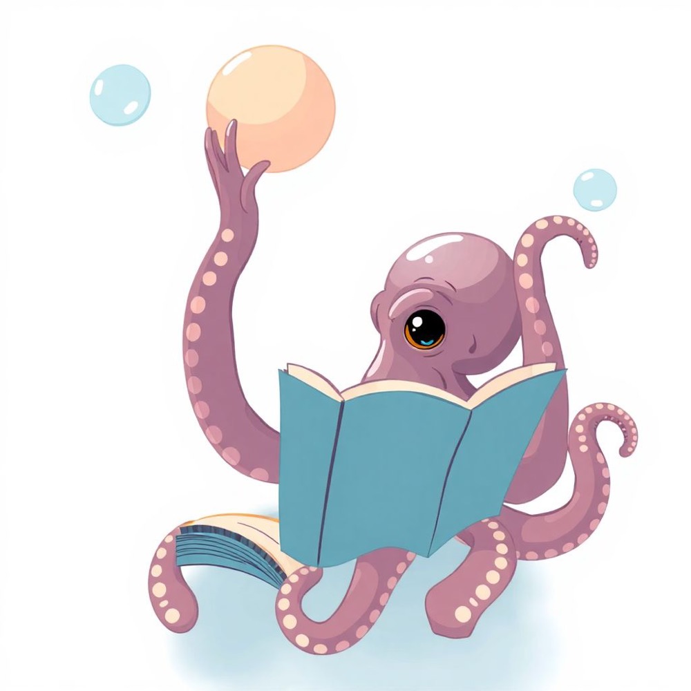 an octopus is reading books and brainstorming