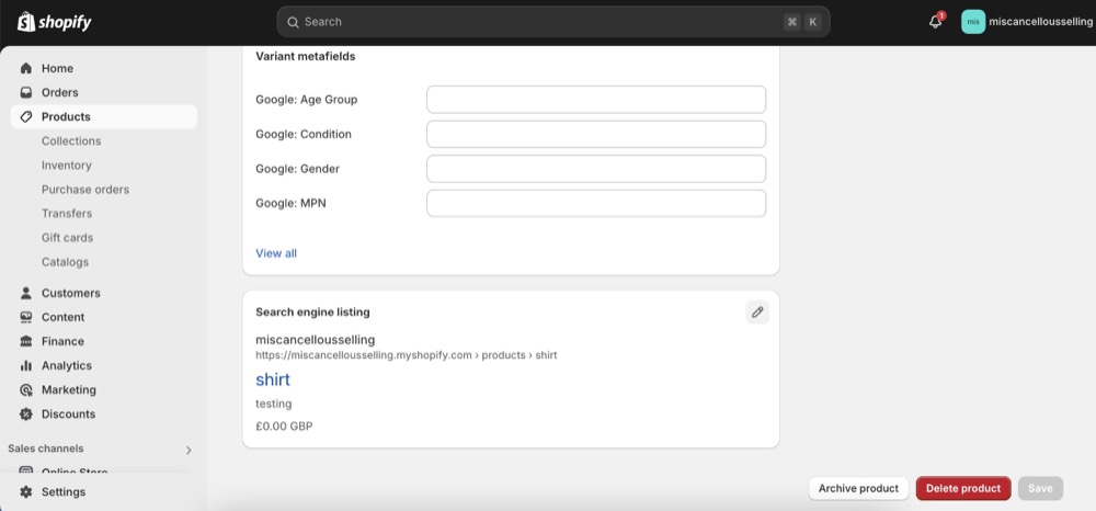 shopify panel to delete or archive products