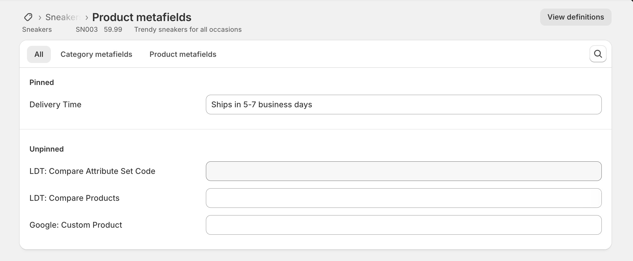 Screenshot products metafields