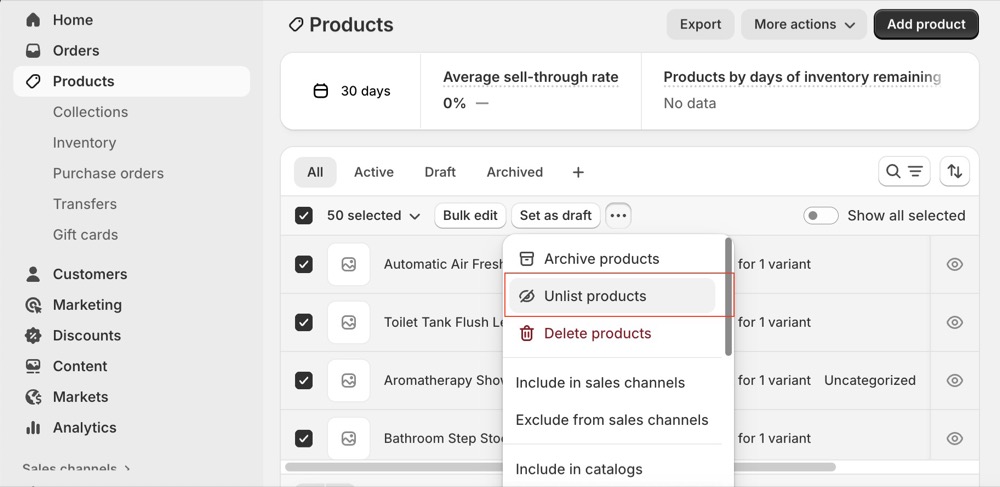 Screenshot unlist products shopify