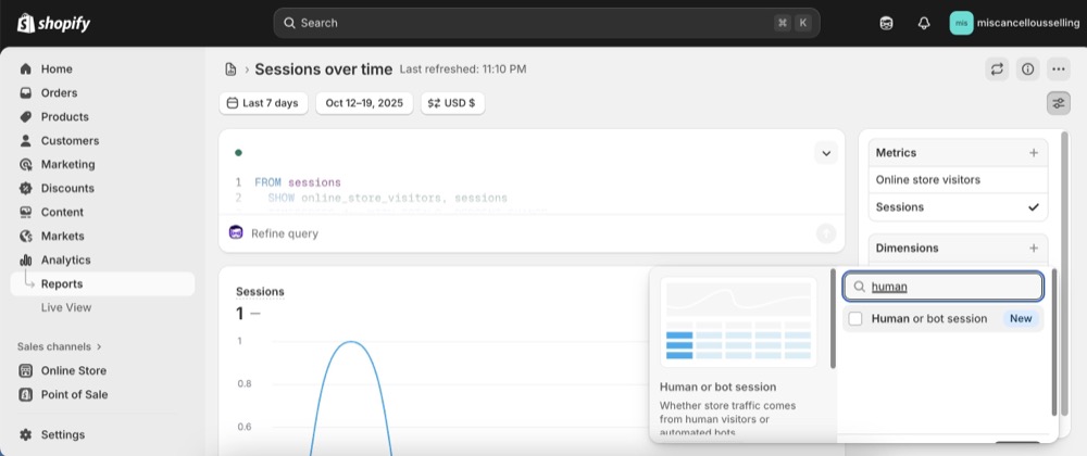 Screenshot human or bot sessions filter