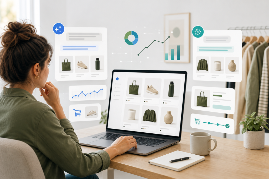 Illustration of a Shopify product catalogue being reviewed through AI shopping assistant cards