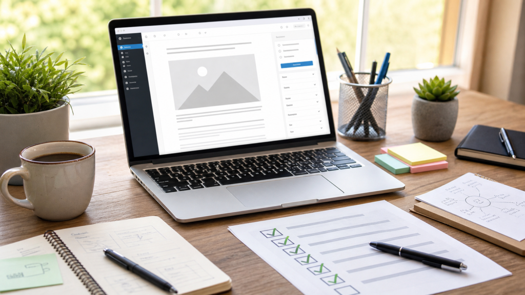 WordPress publishing checklist on a desk with a laptop editor preview