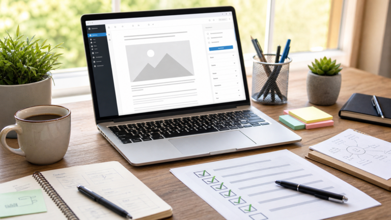 WordPress publishing checklist on a desk with a laptop editor preview