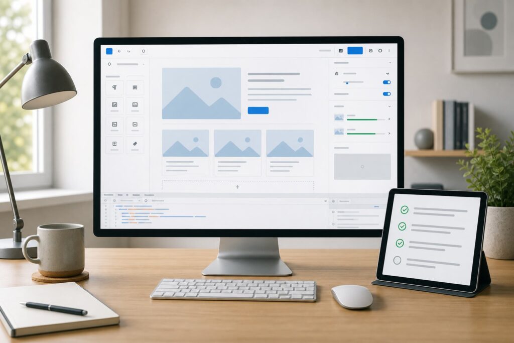 Abstract WordPress block editor testing workspace with grid layouts and media upload progress indicators