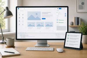 Abstract WordPress block editor testing workspace with grid layouts and media upload progress indicators
