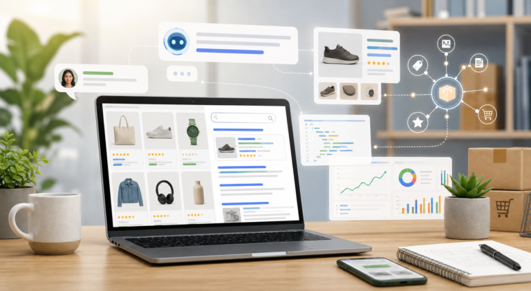 Editorial illustration of ecommerce SEO, AI search, product schema, and analytics for an online store