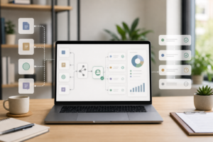 Abstract workflow automation dashboard on a laptop with approval checkpoints for small team AI pilots