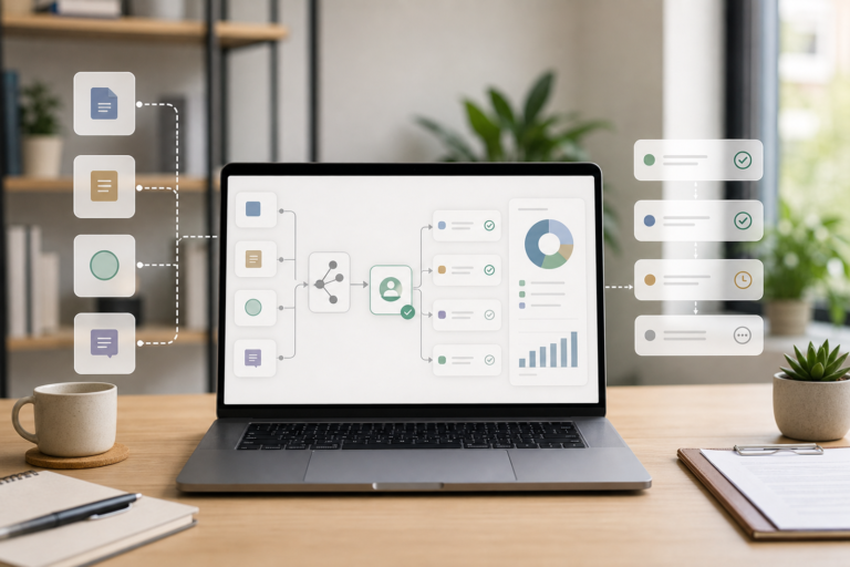Abstract workflow automation dashboard on a laptop with approval checkpoints for small team AI pilots