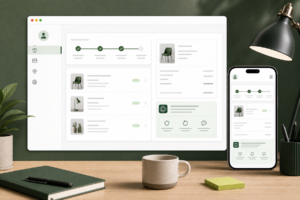 Illustration of Shopify customer account extension testing across desktop and mobile layouts