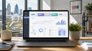 Abstract analytics dashboard on a laptop representing Search Console generative AI performance reporting