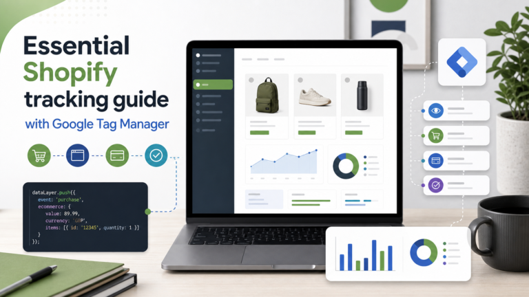 Illustration of Shopify event tracking through Google Tag Manager and analytics dashboards