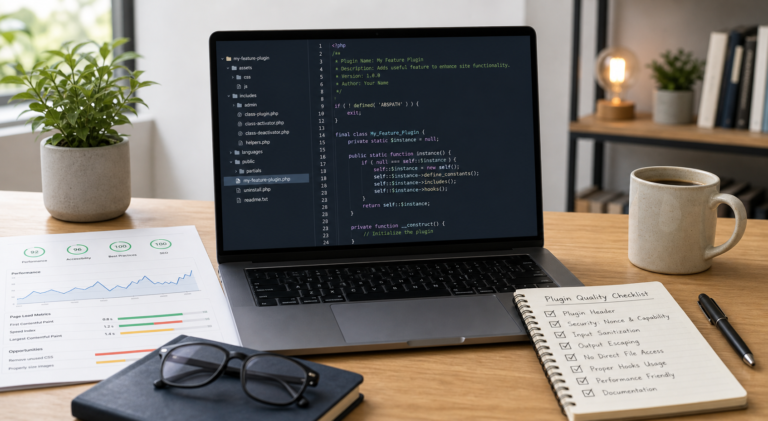 Laptop showing a code review interface for checking WordPress plugin quality