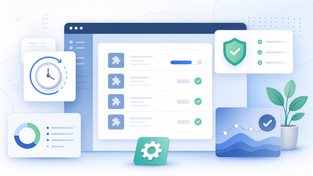 Abstract WordPress plugin update security dashboard with cooldown clock and review indicators