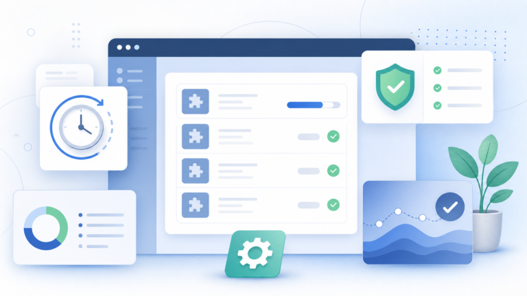 Abstract WordPress plugin update security dashboard with cooldown clock and review indicators