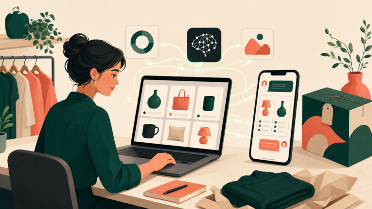 Illustration of a Shopify retailer preparing products for conversational AI shopping