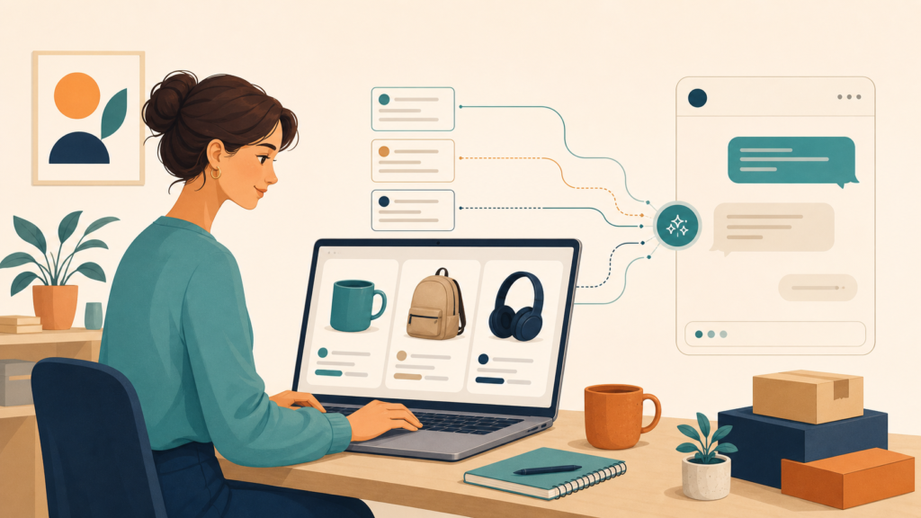 Illustration of a WooCommerce retailer preparing a product catalogue for conversational AI shopping