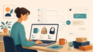 Illustration of a WooCommerce retailer preparing a product catalogue for conversational AI shopping