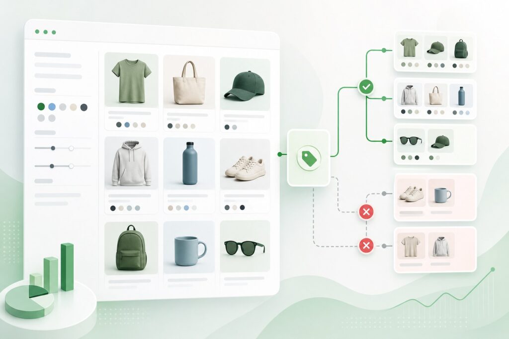 Abstract ecommerce catalogue dashboard showing product variants and collection rule paths