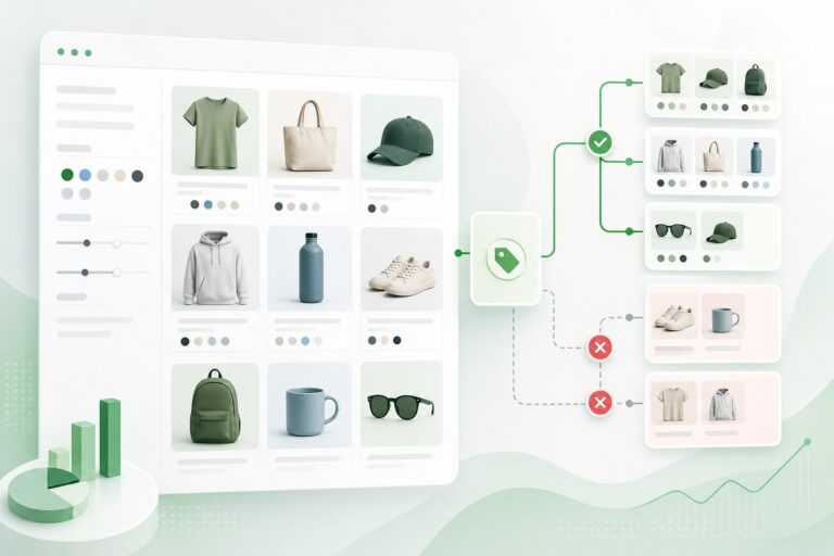 Abstract ecommerce catalogue dashboard showing product variants and collection rule paths