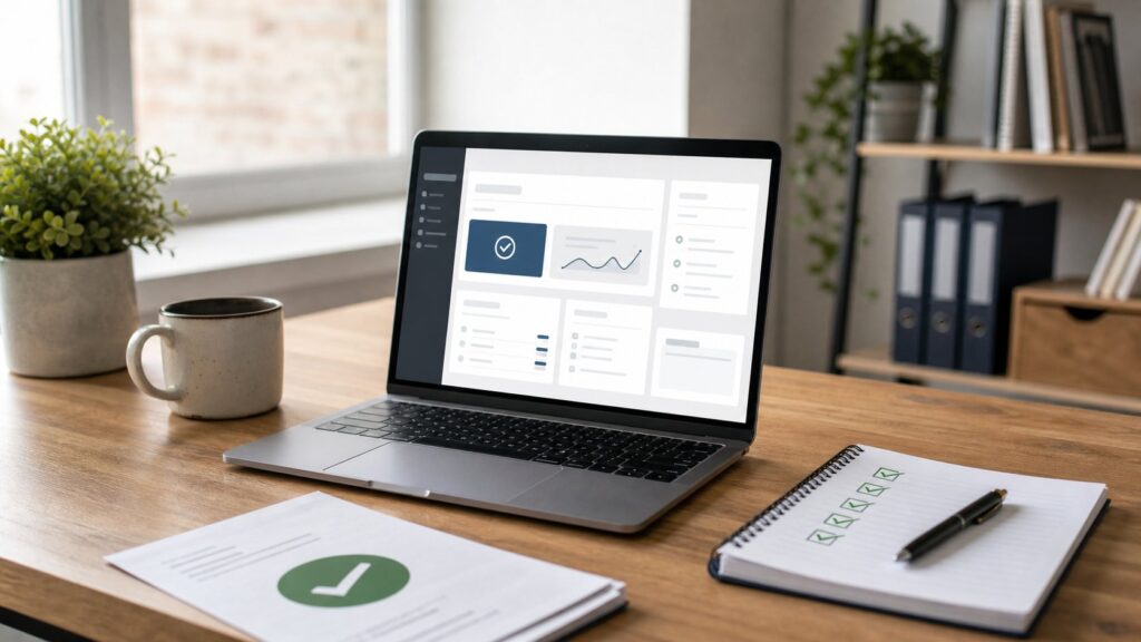 Laptop with a website maintenance checklist for WordPress update testing