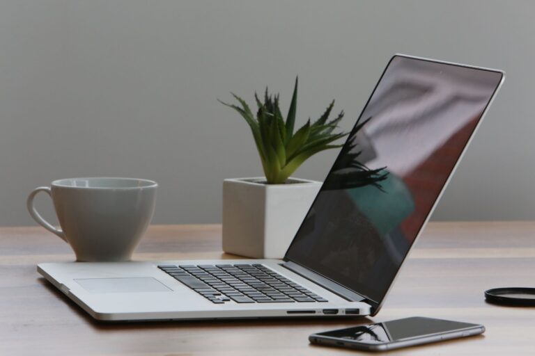 Open laptop beside a cup, potted plant and phone on a wooden desk.